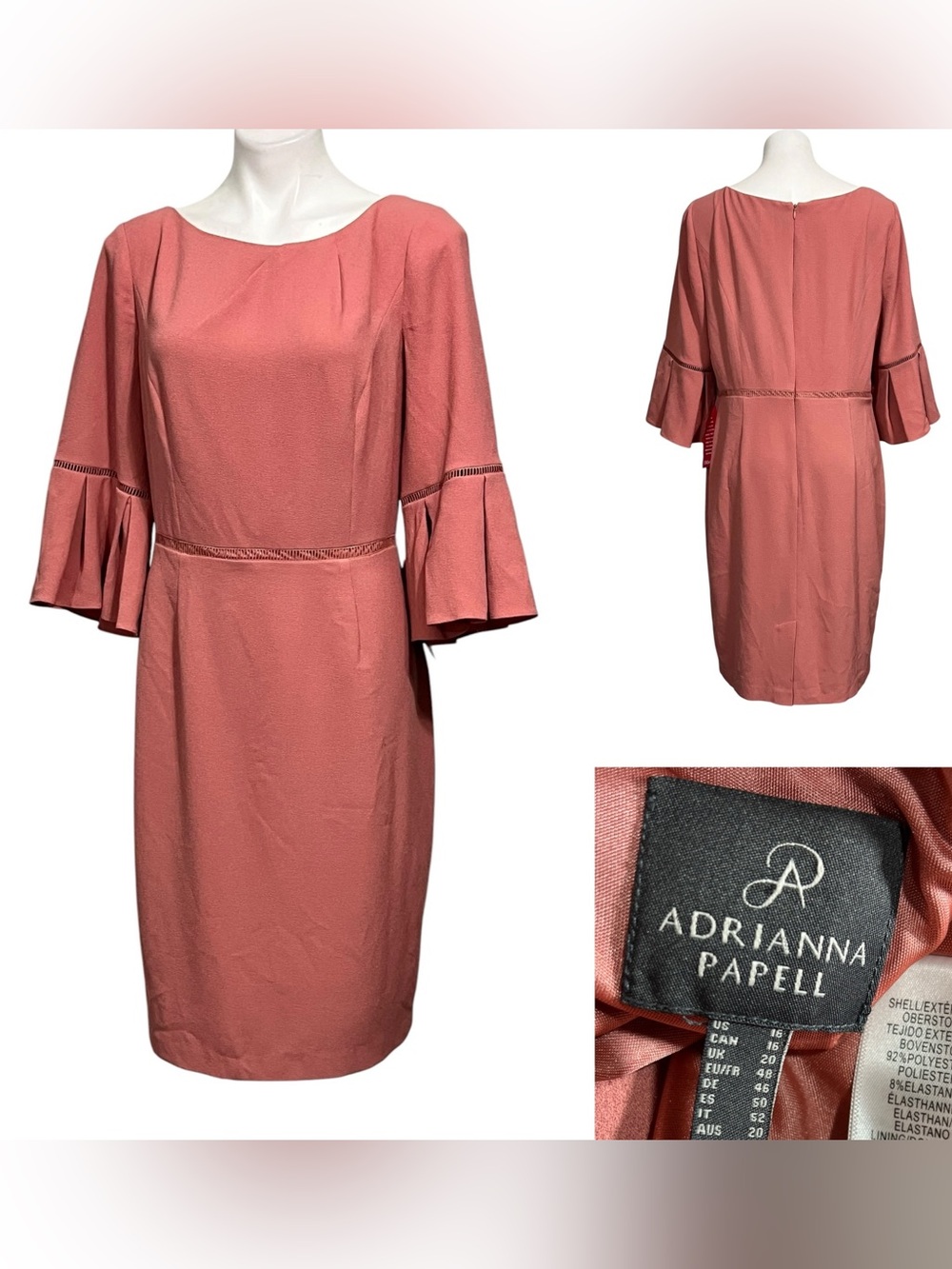 Adrianna Papell dress‎ sz 16 Dusty Rose pink Bell-Sleeve Sheath knee length